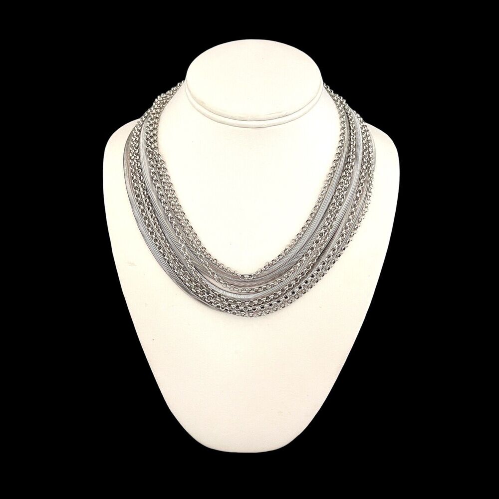 Statement Necklace Silver Tone Multi Chain Premie… - image 3